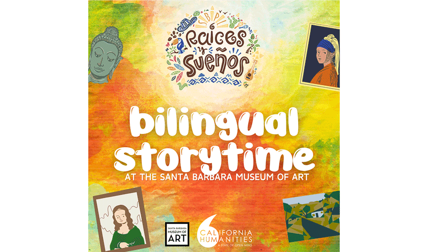 colorful graphic promoting "bilingual storytime at the santa barbara museum of art" in text and colorful imagery including illustrations and renders of paintings and sculptures