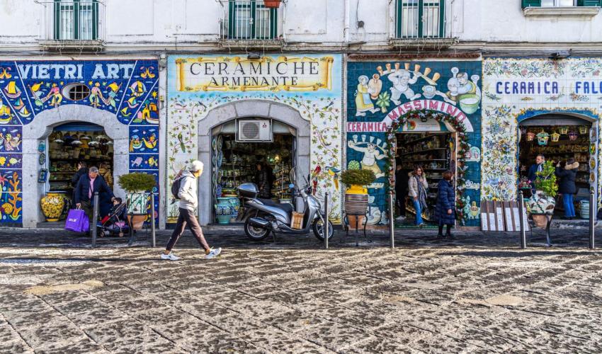 Row of shops selling ceramics souvenirs at Vietri sul Mare on the Amalfi Coast stock photo